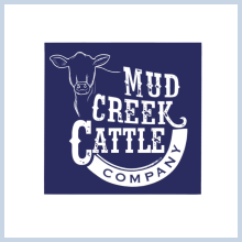An Angus cow silhouette surrounded by Mud Creek Cattle Company.  