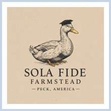 Beige logo for Sola Fide Farmstead. Includes a sketch of a pekin duck with a reformation-era scholar's hat