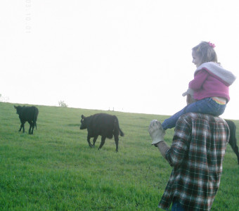 Grandpa Bernie and Delainy checking the cows