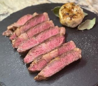 medium rare sliced ribeye steak