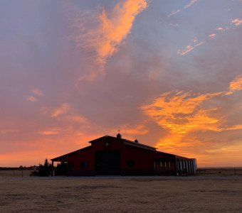 M Arrow Ranch Co barn at sunset.
