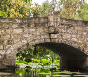 The stone bridge at Prairie Pines with tree logo. 