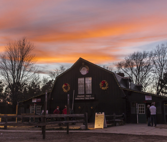 The old barn at Prairie Pines at sunset.