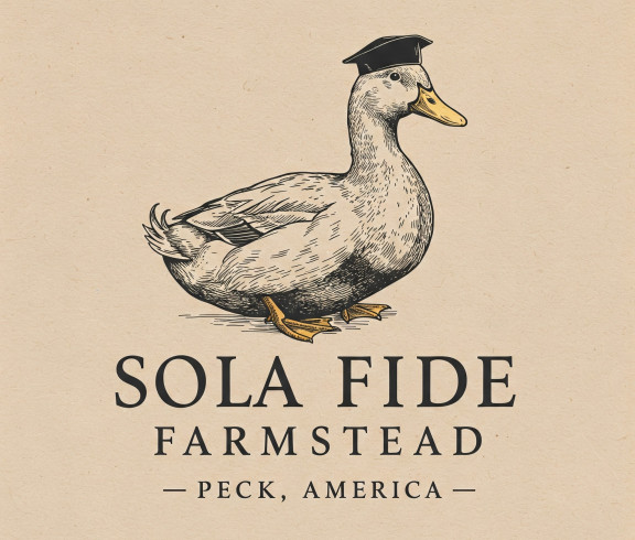 Beige logo for Sola Fide Farmstead. Includes a sketch of a pekin duck with a reformation-era scholar's hat
