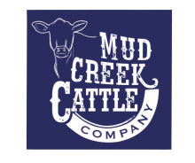 An Angus cow silhouette surrounded by Mud Creek Cattle Company.  